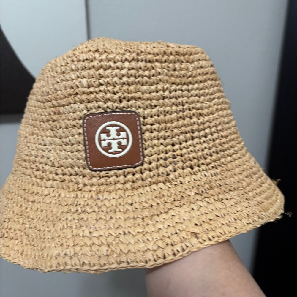 Tory Burch Tan Woven Hat with Logo Patch